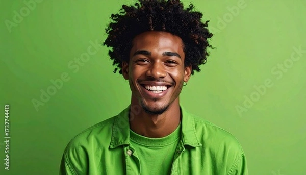 Fototapeta Smiling young man against a solid green background