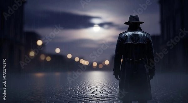 Fototapeta A mysterious figure in a trench coat stands on a cobblestone street at night