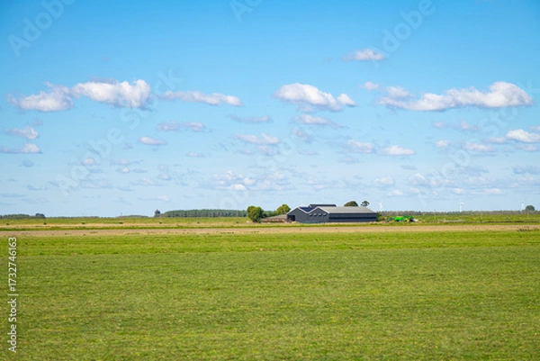 Fototapeta Wide open field with barn under clear blue sky with scattered clouds