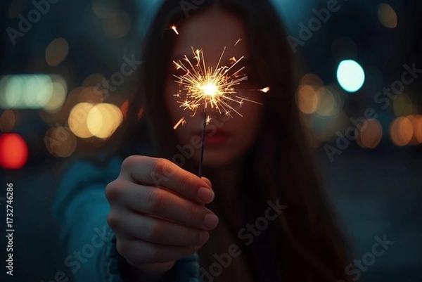 Obraz hand holding lit sparkler with fiery sparks and bokeh lights in urban night scene