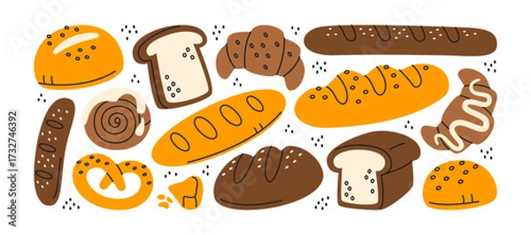 Obraz  Bakery stickers in retro cartoon. Pastries: bread, croissant, pretzel, cinnamon roll. Bread: baguette, loaf, toast. Sweet bakery: muffin, bun, cookie.Freshly baked collection doodle illustration