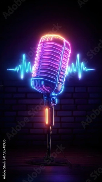 Fototapeta Retro neon microphone with vibrant sound wave graphic capturing musical energy and performance