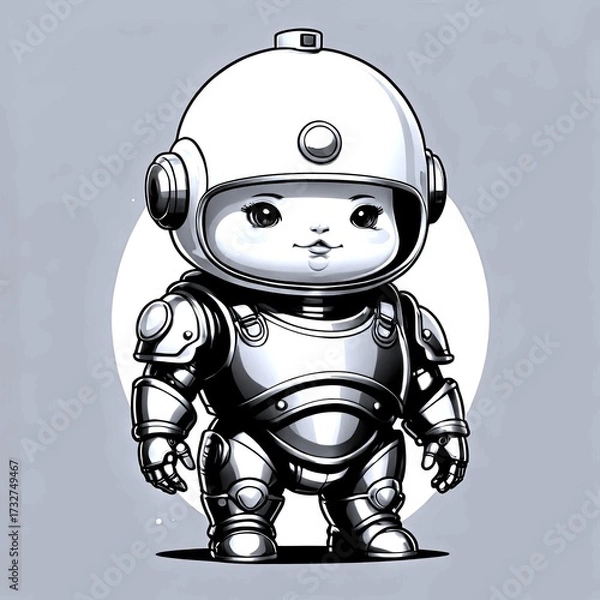 Fototapeta A cartoon robot baby wearing a helmet and armor stands in front of a circle