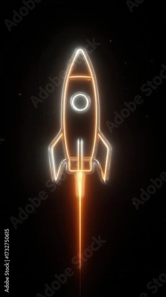 Fototapeta Retro neon rocket ship blasts off into the unknown space adventure illuminated glowing art
