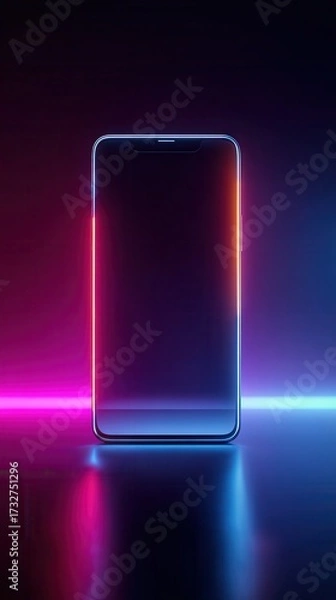 Fototapeta Modern smartphone glowing with vibrant neon light reflections on a dark reflective surface
