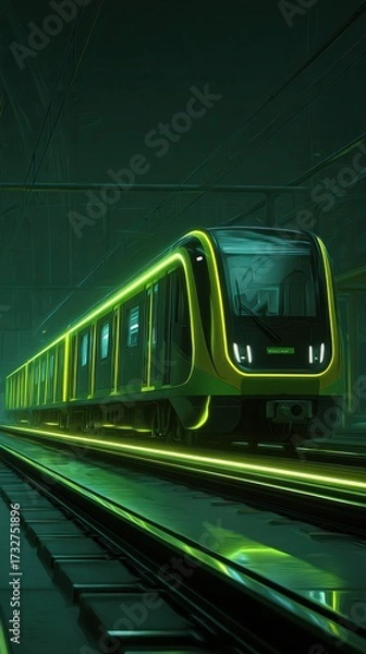Fototapeta Futuristic glowing green subway train illuminated at night on railway tracks with vibrant light effects