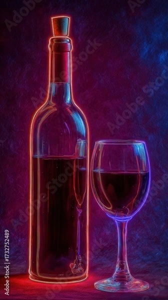 Fototapeta Elegant wine bottle and glass illuminated by moody red and blue lights in studio setting