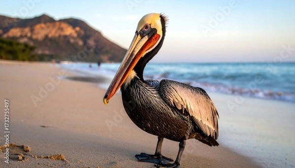 Fototapeta A large brown pelican stands on a sandy beach, facing towards the viewer with mountains in the background at dawn