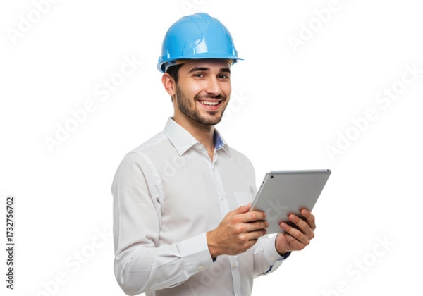 Obraz Smiling construction worker with blue hardhat isolated holding tablet, engineer using digital device for project management on transparent background