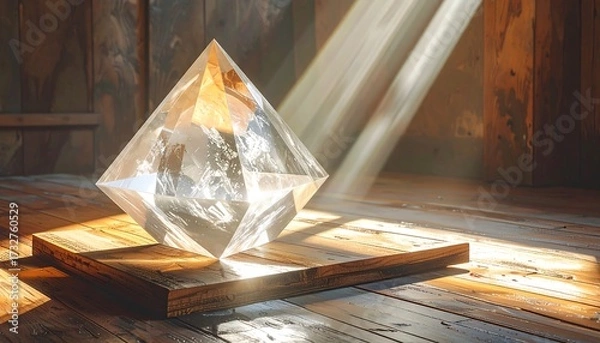 Fototapeta A large, faceted crystal sits upon a wooden platform, illuminated by a beam of light shining through a wooden structure