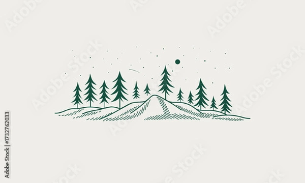 Fototapeta Starry night in the forest. Young spruce trees grow on the hills. Vector line illustration with falling star