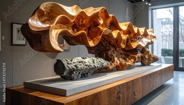 Fototapeta A large, flowing wooden sculpture displayed in a gallery. The art piece resembles undulating waves above a stone and wood base