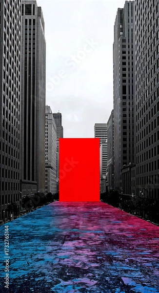 Fototapeta Modern City Street with Surreal Blue-Pink Texture and Bright Red Block Against Overcast Sky for Abstract Urban Concept
