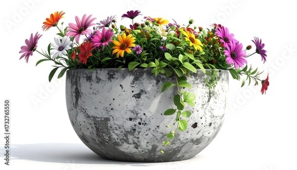 Fototapeta A large, grey, stone-like bowl overflows with a vibrant arrangement of colorful daisies and lush greenery, creating a cheerful display