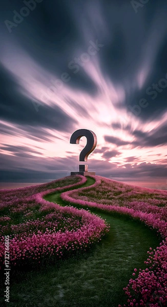Fototapeta Surreal Landscape with Winding Path Through Pink Flowers Leading to Giant Question Mark Under Dramatic Sunset Sky
