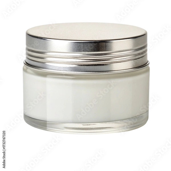 Fototapeta A small jar with a silver metal lid is displayed against a transparent background, full of luxurious white lotion