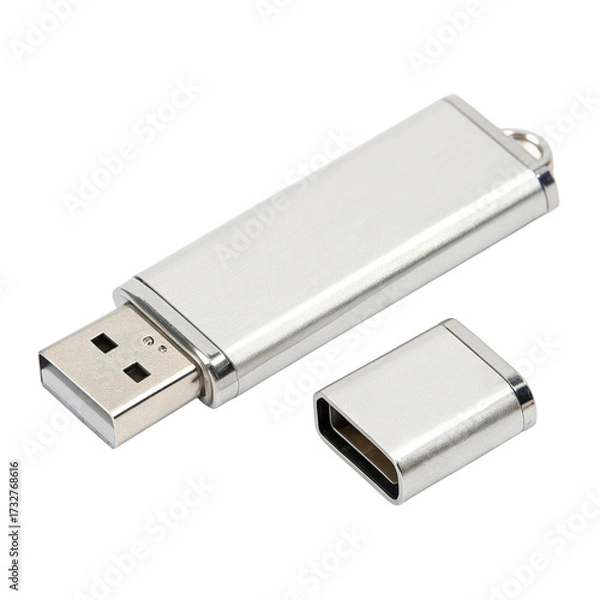 Fototapeta Silver USB Flash Drive with Cap Removed Isolated on transparent background for Data Storage and Transfer