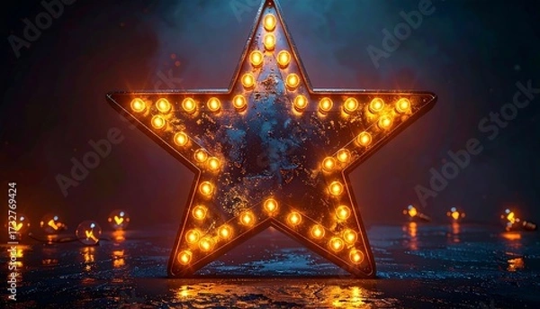 Fototapeta A large, illuminated, five-pointed figure with numerous warm lights, set against a dark, smoky background, with scattered light bulbs