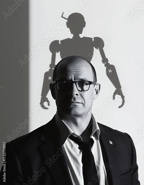 Fototapeta A serious man with eyeglasses standing in front of a projected robot silhouette, concept of technology, AI, machine, futurism