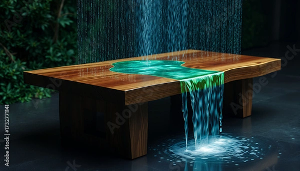 Fototapeta A unique wooden table features a stunning resin river. The table has a rich wood grain and is set against a lush, atmospheric background. A stream of clear water flows down the table