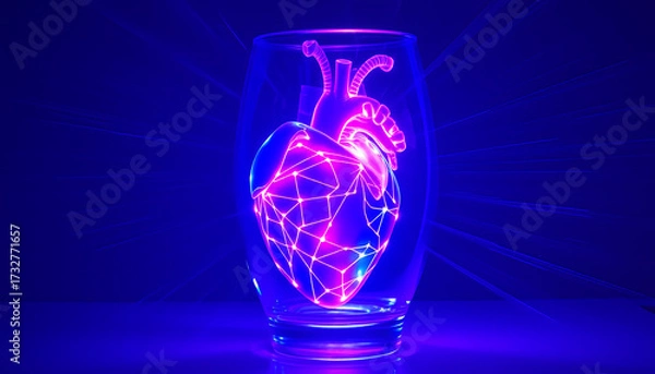 Fototapeta A striking glass with glowing heart symbol against dark background, highlighting a sense of medical technology and health