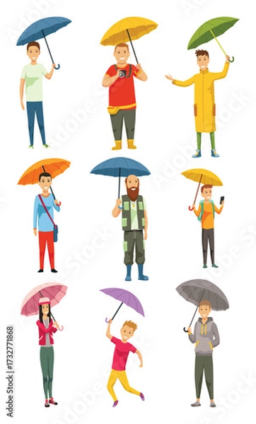 Fototapeta Characters holding umbrellas designed in a variety of engaging styles