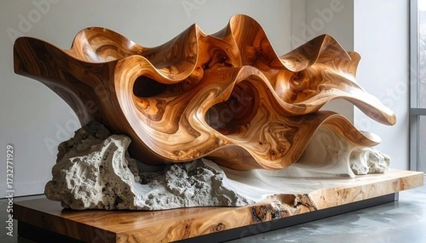 Fototapeta A large, intricate wooden sculpture resembling ocean waves, carved from rich, dark wood and resting atop a stone base