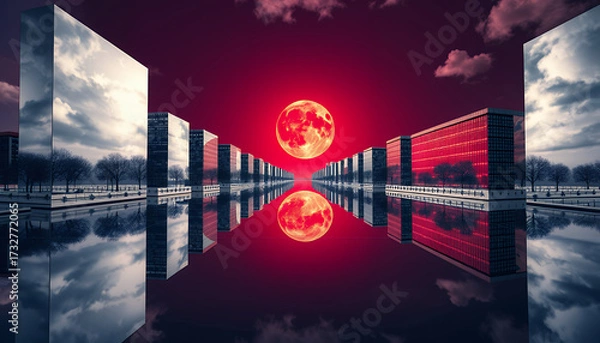 Fototapeta A stunning visual of a modern cityscape with reflection, featuring mirrored buildings and a vibrant red sky with a full moon reflected in the water