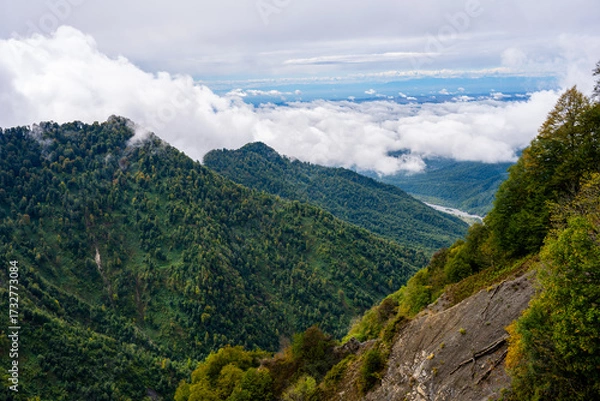 Fototapeta Forested mountains and clouds in Qabala Azerbaijan