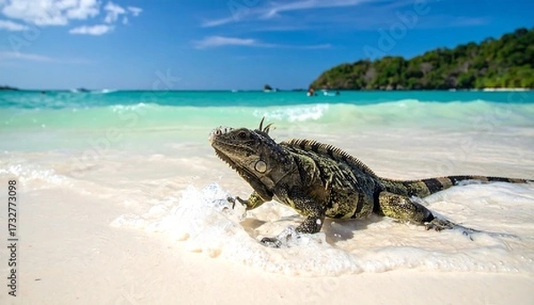 Fototapeta A large lizard rests on a sandy beach with gentle waves. Tropical foliage and a distant island create a vibrant backdrop