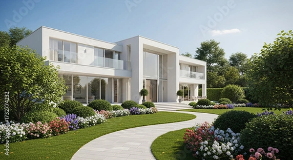 Fototapeta Stunning modern home with elegant landscaping and a serene garden path invites you to experience luxurious living and contemporary architectural design