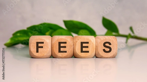 Fototapeta wooden cubes spelling FEES on glossy desk with green leaf background representing finance concept