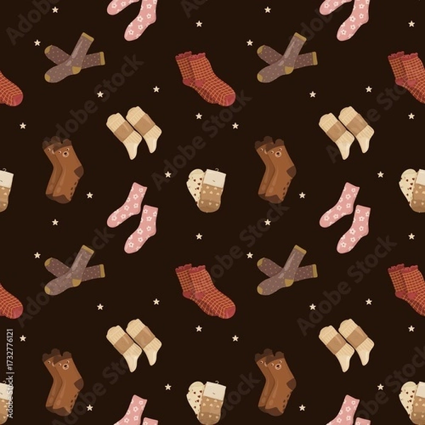Fototapeta Seamless repeating pattern with warm knitted socks in multiple colors on a dark background, perfect for winter, cozy home design, gift wrapping paper, and seasonal textile decoration.