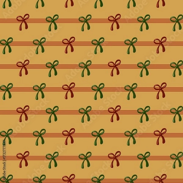 Fototapeta Seamless holiday pattern with decorative bows in green and red on a yellow background, great for Christmas gift wrapping, festive packaging, holiday textiles, and cheerful seasonal projects.