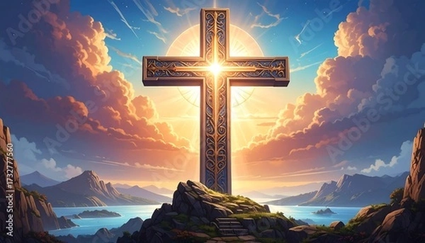 Fototapeta A large, ornate cross glows brightly against a dramatic sky with sun rays. Mountains and a serene ocean surround the scene