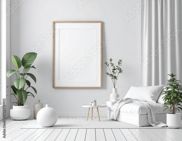 Fototapeta Modern living room with a white armchair, table, white walls and an empty square photo frame