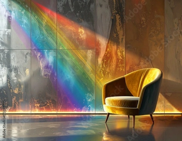 Fototapeta A minimalist interior with a comfortable armchair and vertical streaks of colored light on the walls.