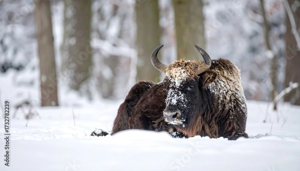 Fototapeta A large, shaggy-furred wild bovine rests in a snowy forest, its horns prominent, with frosted features. The scene is cold and natural