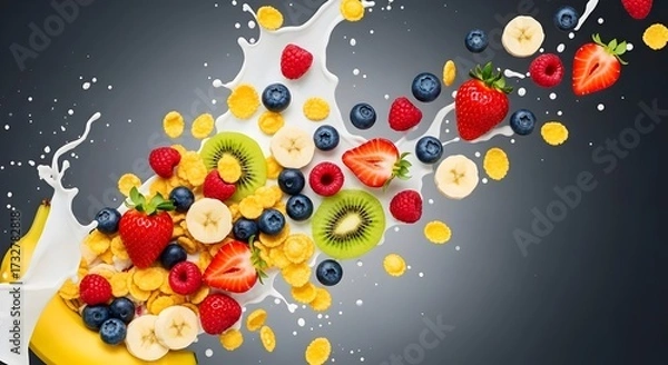 Obraz corn flex breakfast cereals, fruits ( berries kiwi banana ) and milk splash on dark gray background healthy food