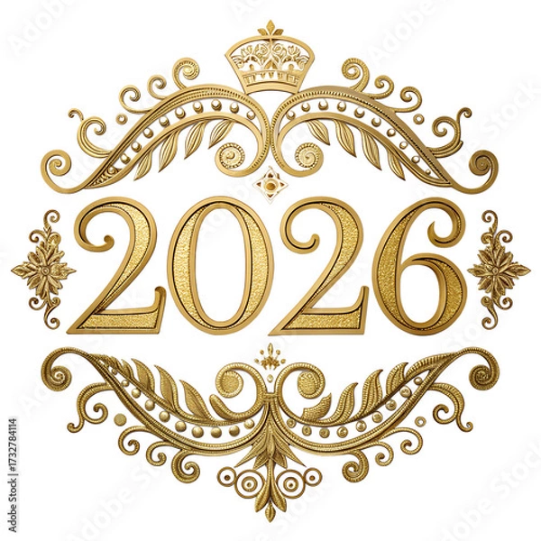 Fototapeta Elegant golden design featuring the year 2026 with ornate flourishes and a crown on a black background.