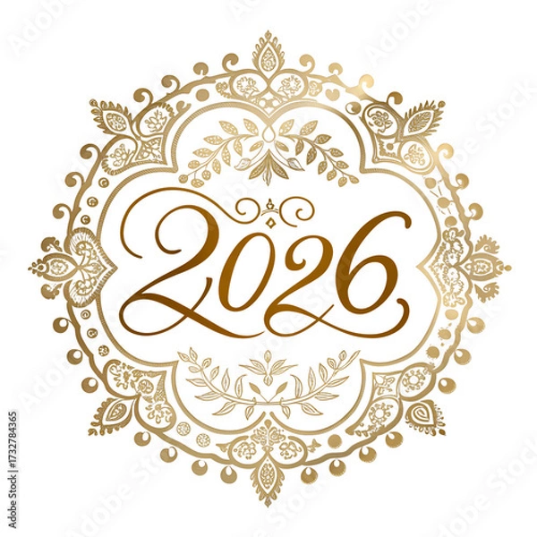 Fototapeta Elegant golden design featuring the year 2026 surrounded by intricate floral patterns on a black background. Suitable for celebrations and events.