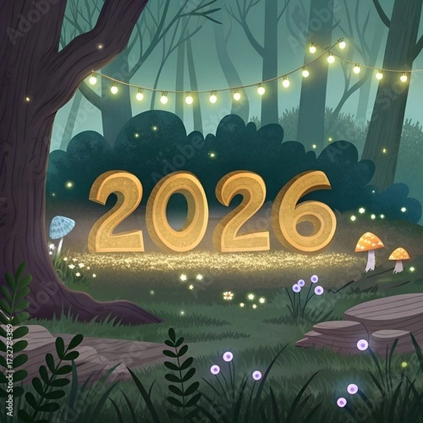 Fototapeta A whimsical forest scene featuring the year 2026 in large golden numbers. Soft lighting from string lights creates a magical atmosphere with mushrooms and flowers.