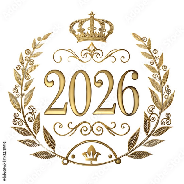 Fototapeta Golden laurel wreath with the year 2026 and a crown on a black background. Elegant design suitable for celebrations or events.