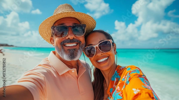 Fototapeta 笑顔で楽しむシニア夫婦のビーチセルフィー