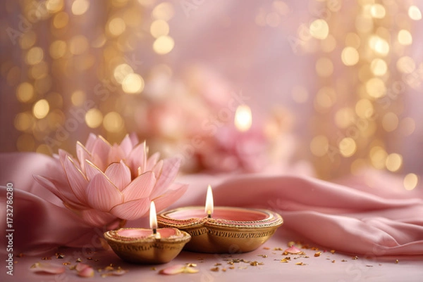 Obraz Glowing Diwali diya candles with lotus flower on pink silk fabric, golden festive bokeh lights, luxury Hindu festival of lights decoration for greeting cards, banners, posters, social media with copy 