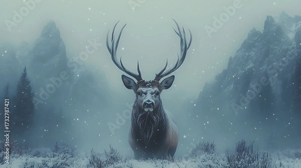 Fototapeta Majestic deer in snowy landscape