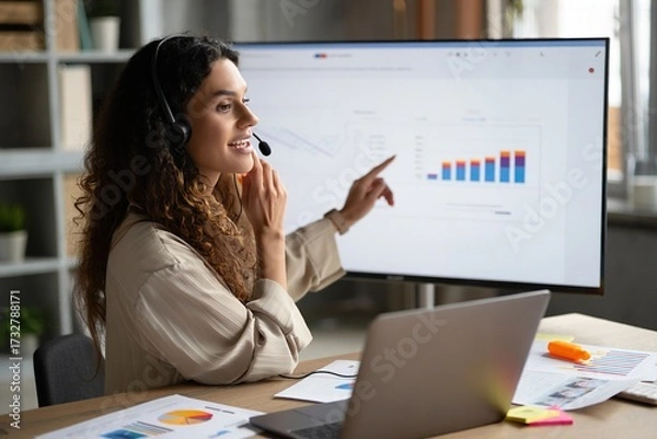 Fototapeta Woman in headset presenting data on large screen