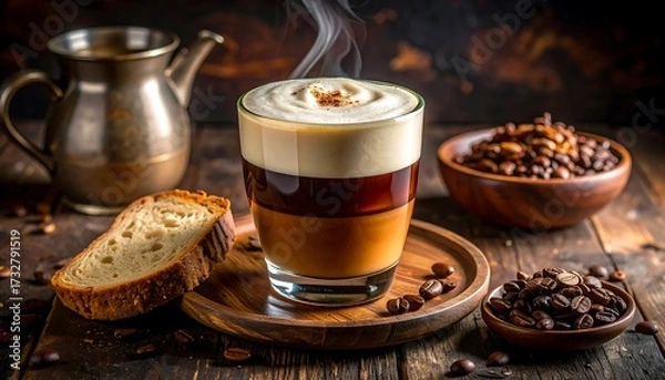 Fototapeta A layered beverage with creamy foam steams on a wooden tray, accompanied by coffee beans, a slice of bread, and a metallic pot
