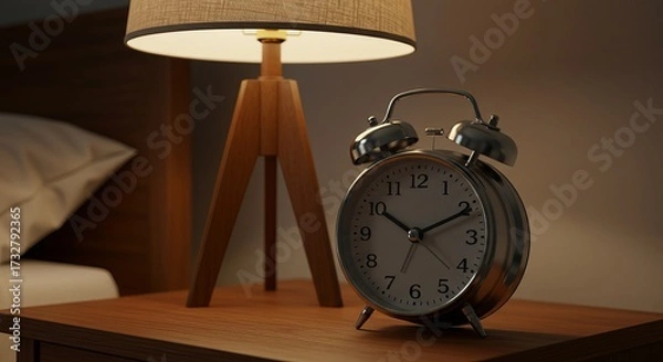 Fototapeta A vintage alarm clock and a wooden tripod lamp sit on a wooden nightstand next to a bed. The scene is lit with warm, soft light.