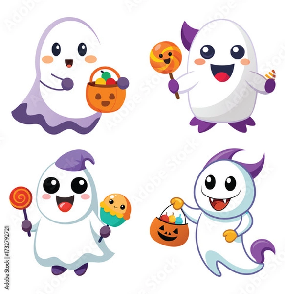 Fototapeta A funny vector set of cute Halloween monster icons, featuring a cartoon owl and penguin character design with love and art for a cold nature illustration